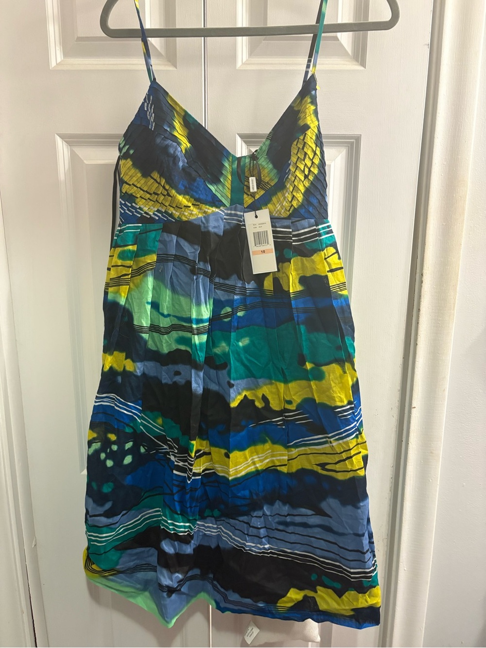 Calvin Klein Multicolor 100% cotton Strappy A-Line Dress in Blue, Green & Yellow